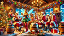 DALL·E 2024-12-22 15.19.27 - A lively and festive Christmas beer party featuring cheerful Christmas fairies and tipsy Santa Clauses. The scene is set in a warmly lit rustic cabin .webp